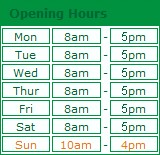 We are open Mon-Sat 8am to 4pm and Sun 10am to 4pm